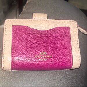 Coach color block snap closure compact Wallet in Purple and Cream.
